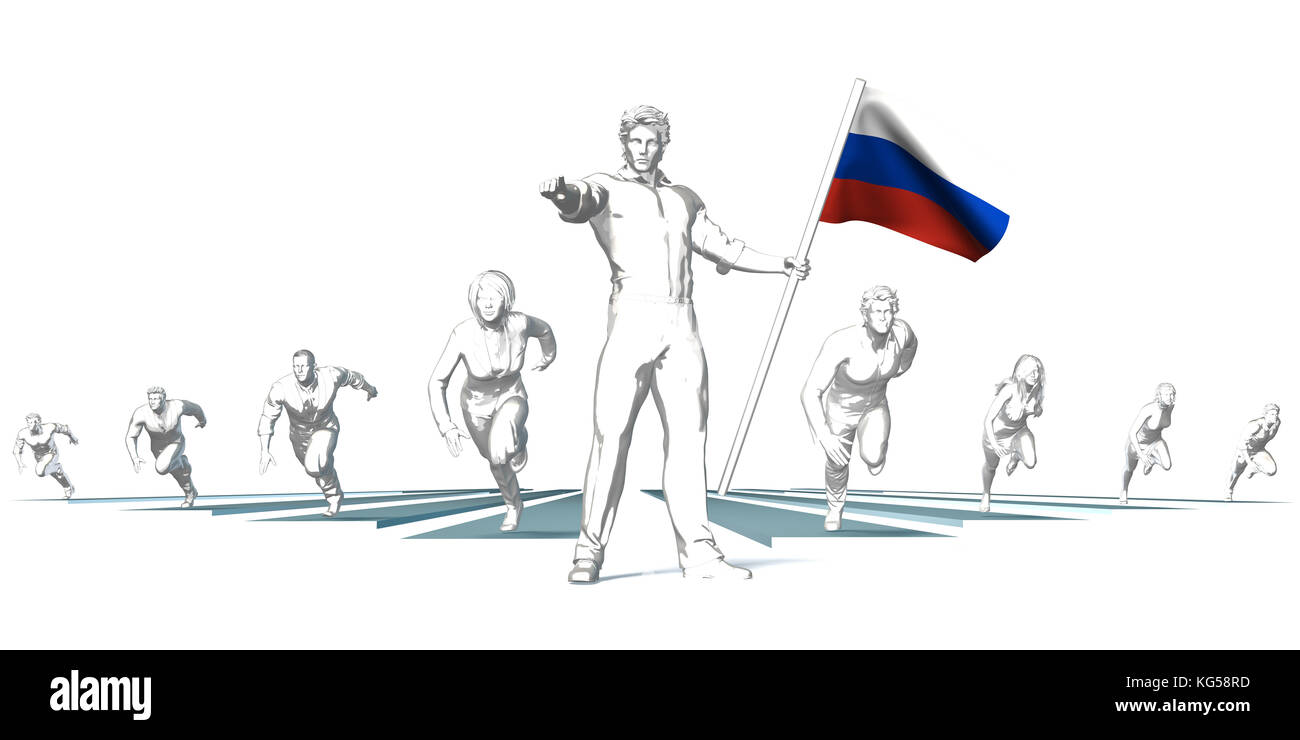 Russia Racing to the Future with Man Holding Flag Stock Photo