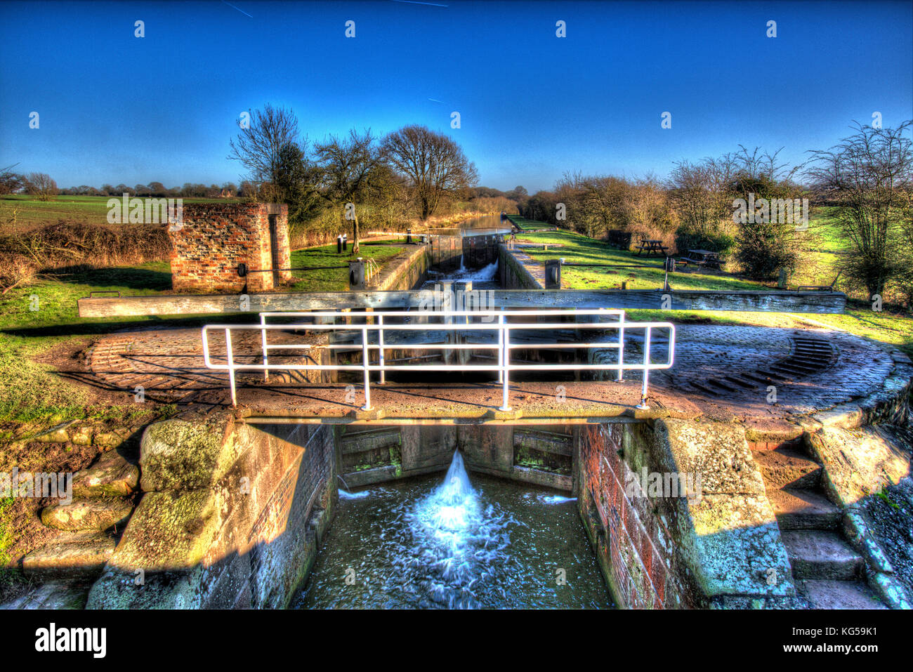 Shropshire Union Canal, Cheshire, England.  Artistic view of the Shropshire Union Canal at Wharton’s Bridge lock. Stock Photo