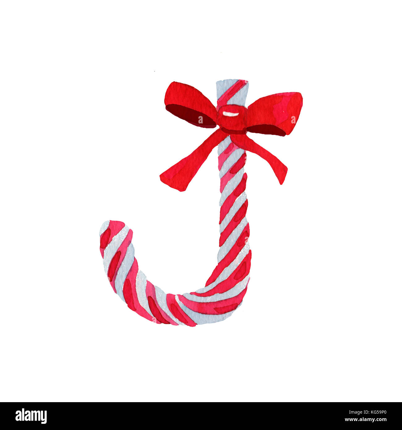 Christmas Candy cane with red bow hand drawn watercolor Stock Photo - Alamy