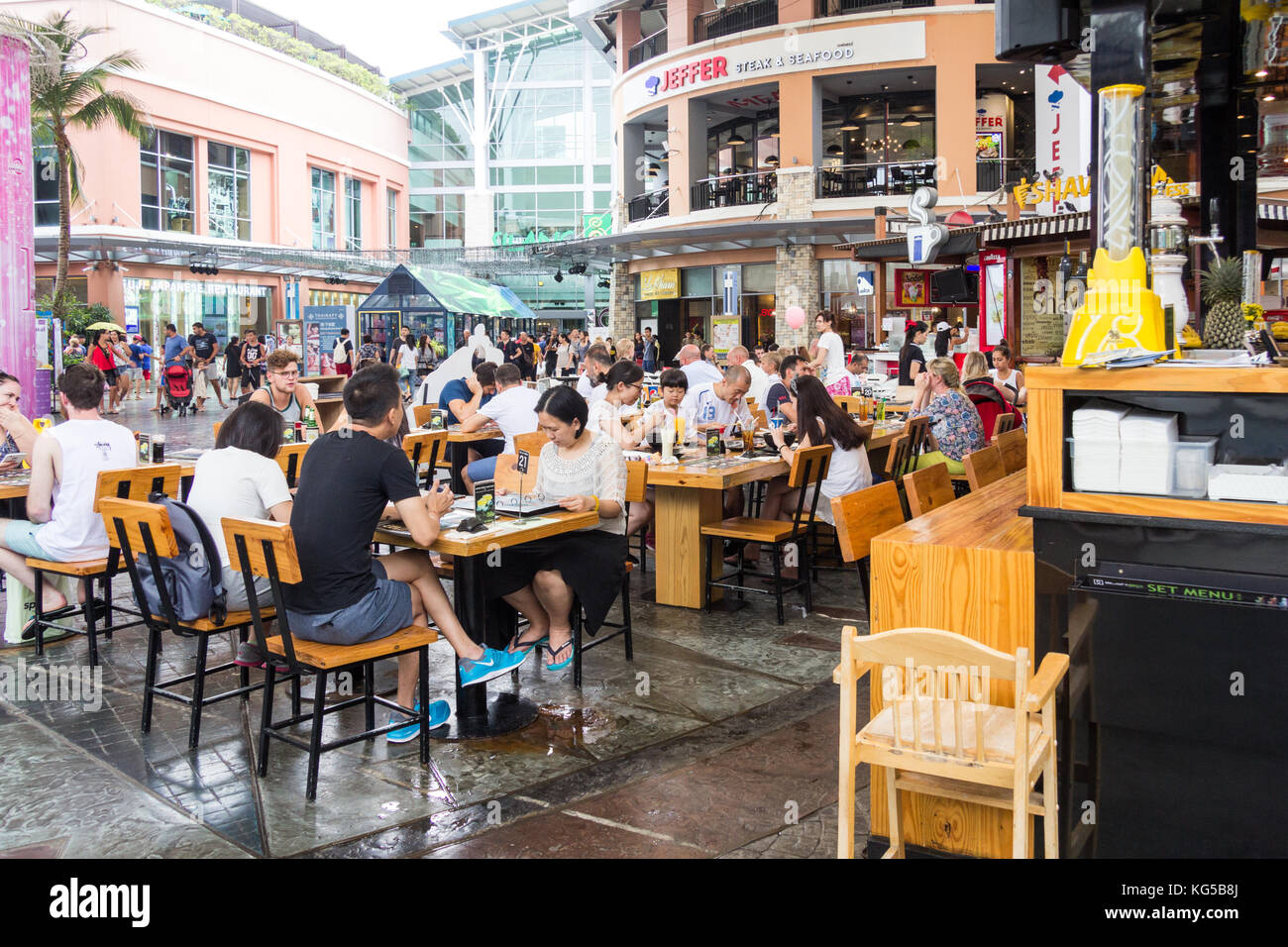 Crowed restaurant tables in Jung Ceylon shopping centre, Patong, Phuket, Thailand Stock Photo
