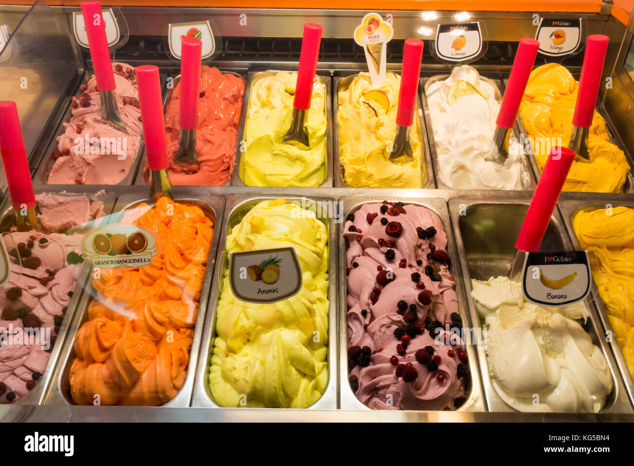 Flavoured ice cream in a shop, Taormina, Sicily,Italy Stock Photo