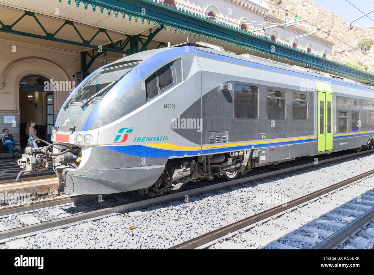 Trenitalia train pulling into Taormina station, Sicily, Italy Stock Photo