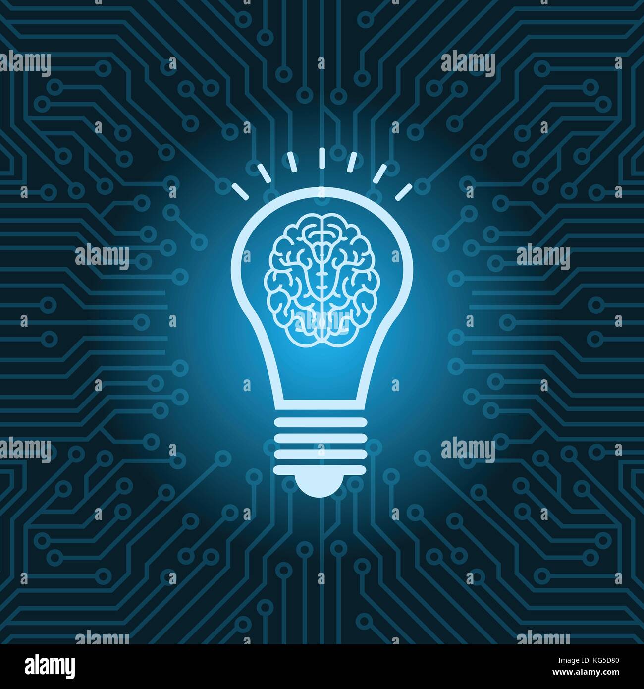 Light Bulb With Brain Inside Icon Over Blue Circuit Motherboard Background Stock Vector