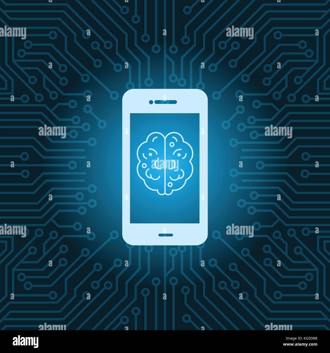 Smart Phone With Brain Image Icon Over Blue Circuit Motherboard Background Stock Vector