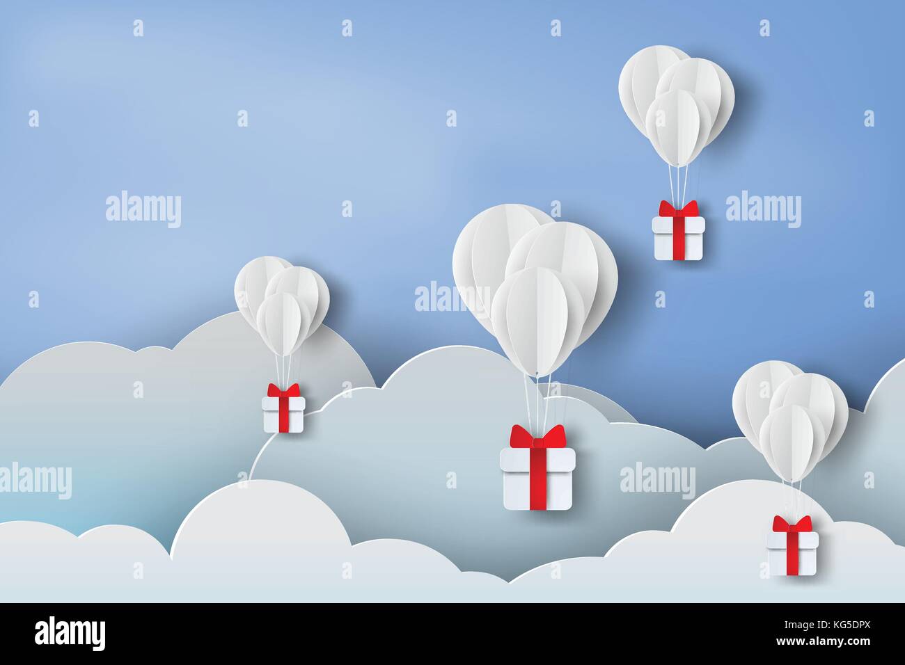 paper art of balloon white floating and Gift Box on in the air blue sky ...