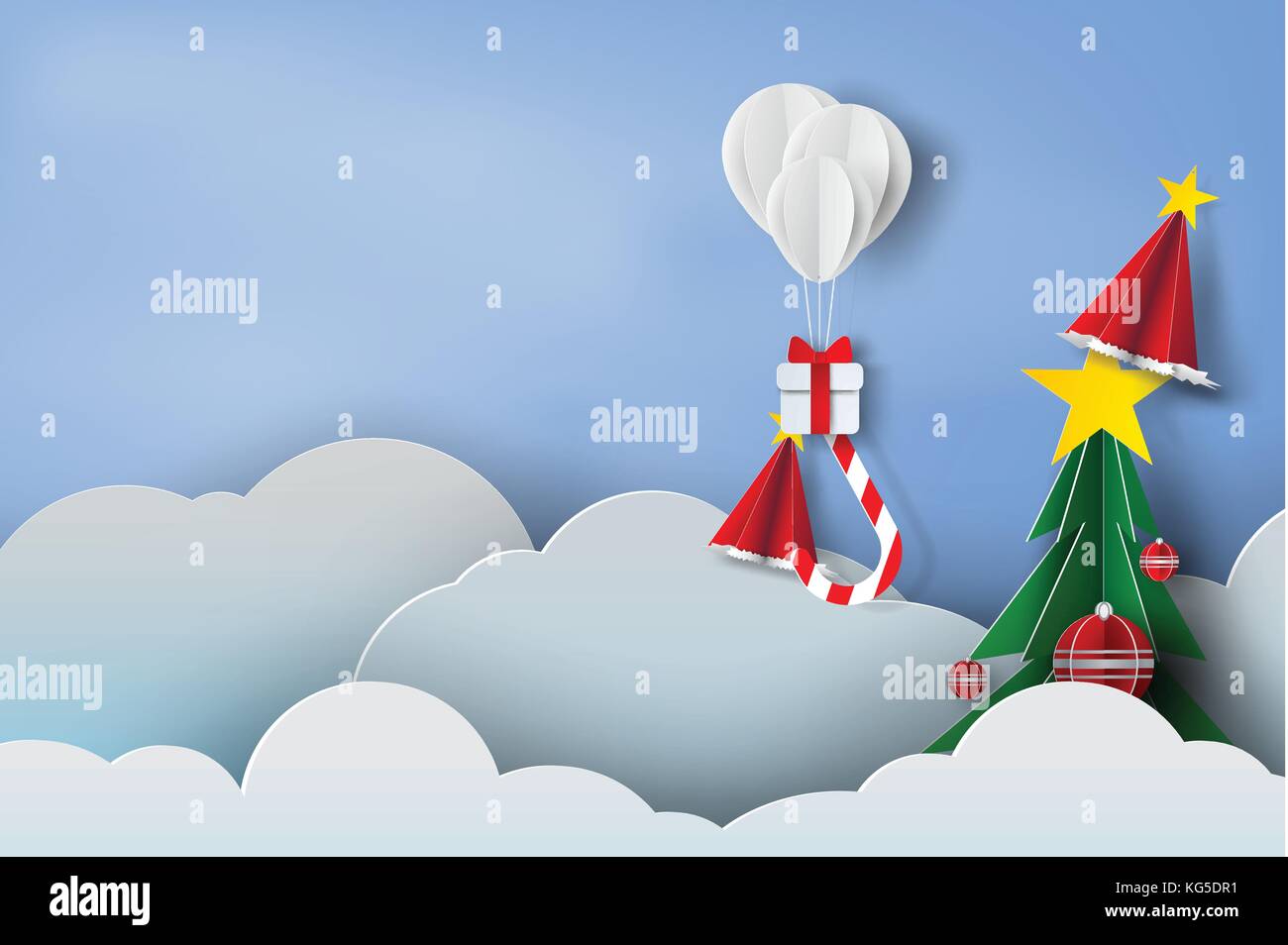 Paper art of balloon white and Gift Box on in the air blue sky ...