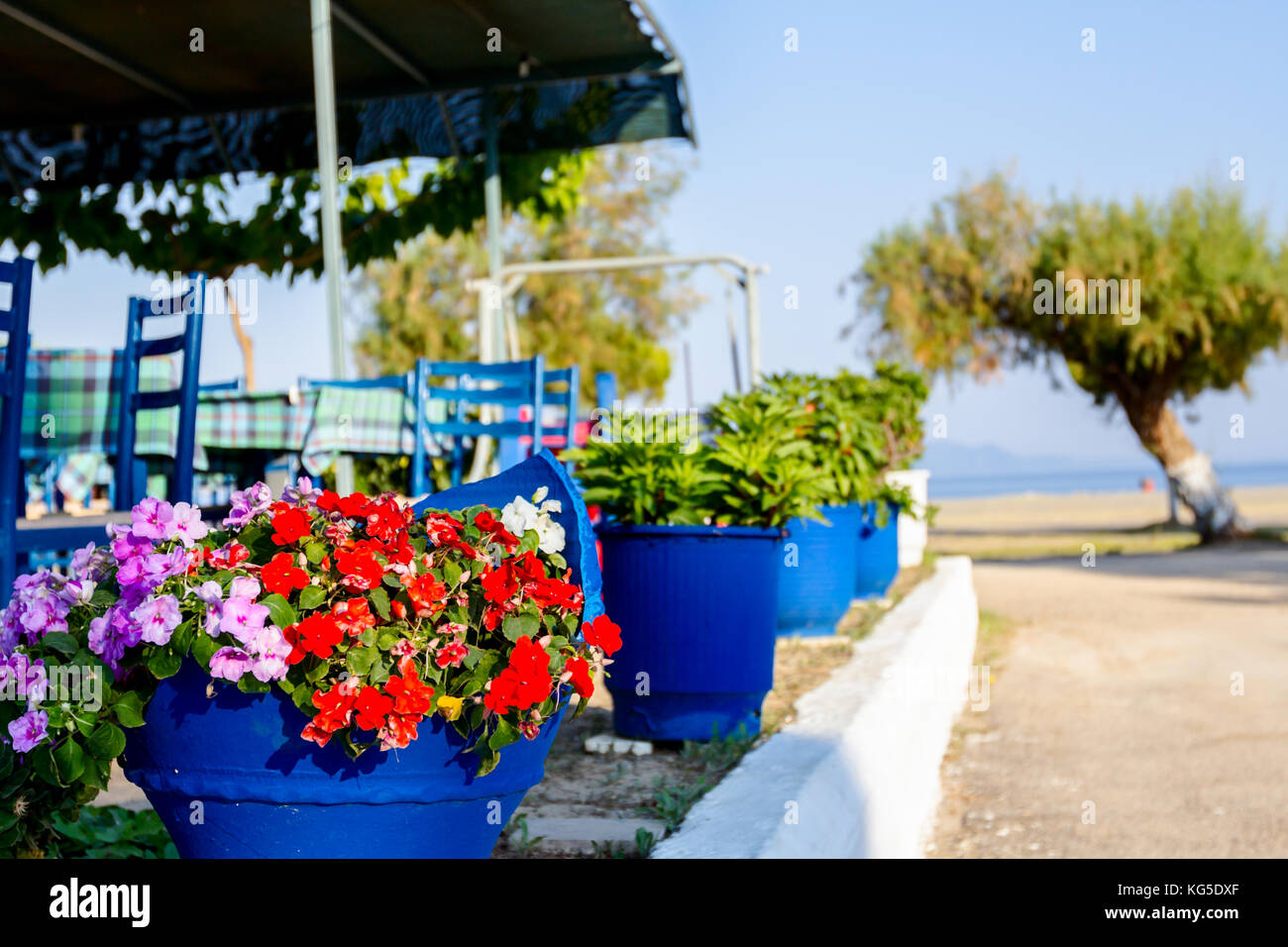 Greek vase with flowers in front of typical outdoor tavern placed by