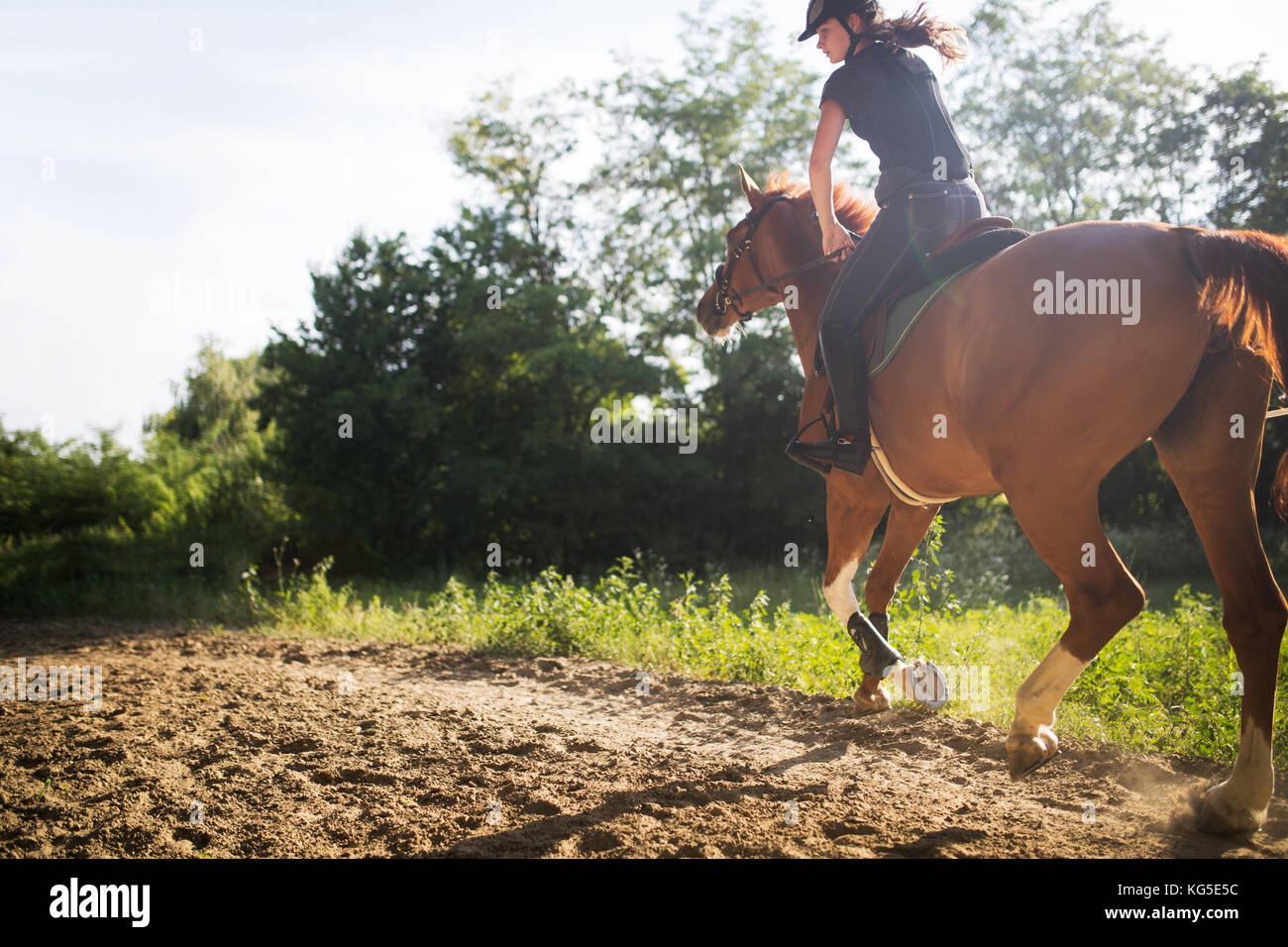 Portrait of young woman riding horse in countryside Stock Photo