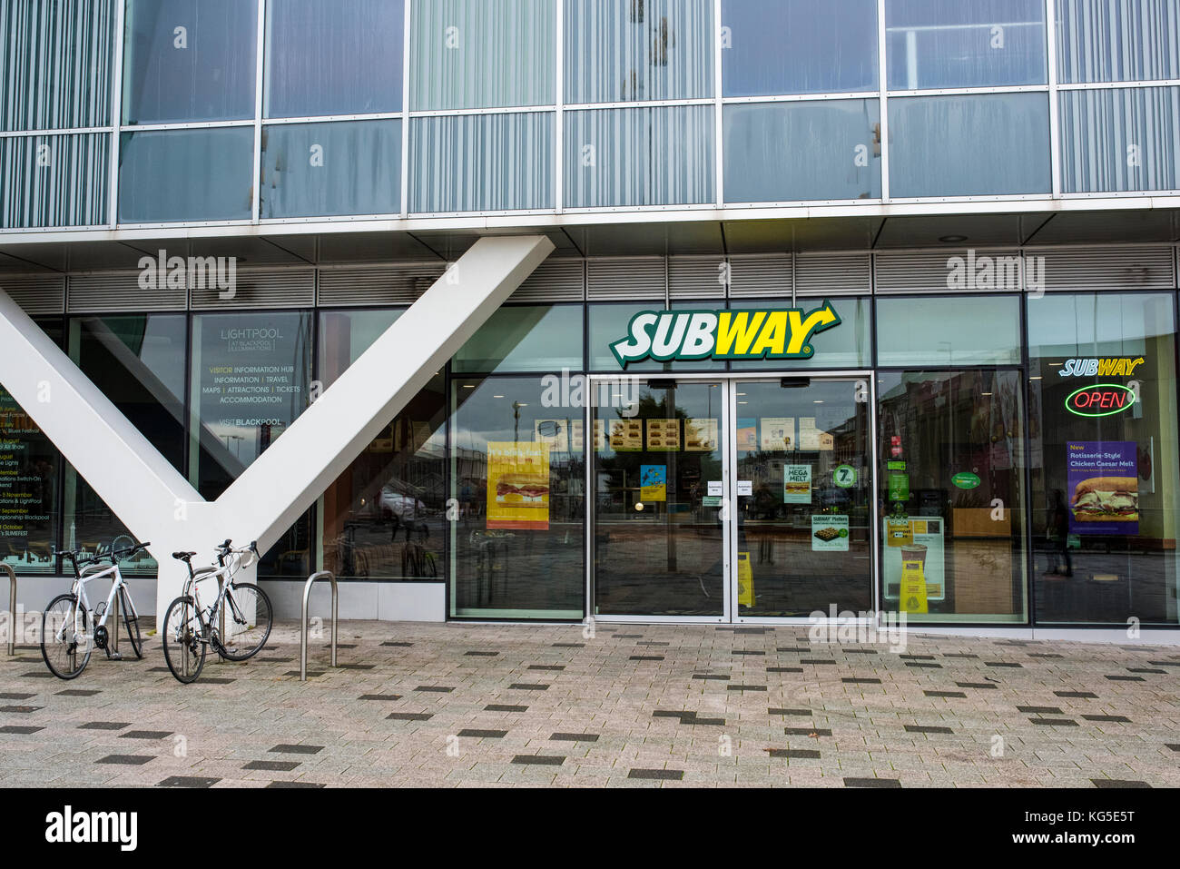 Exterior of a branch of Subway at the bottom of an office block in Blackpool, Lancashire, UK Stock Photo