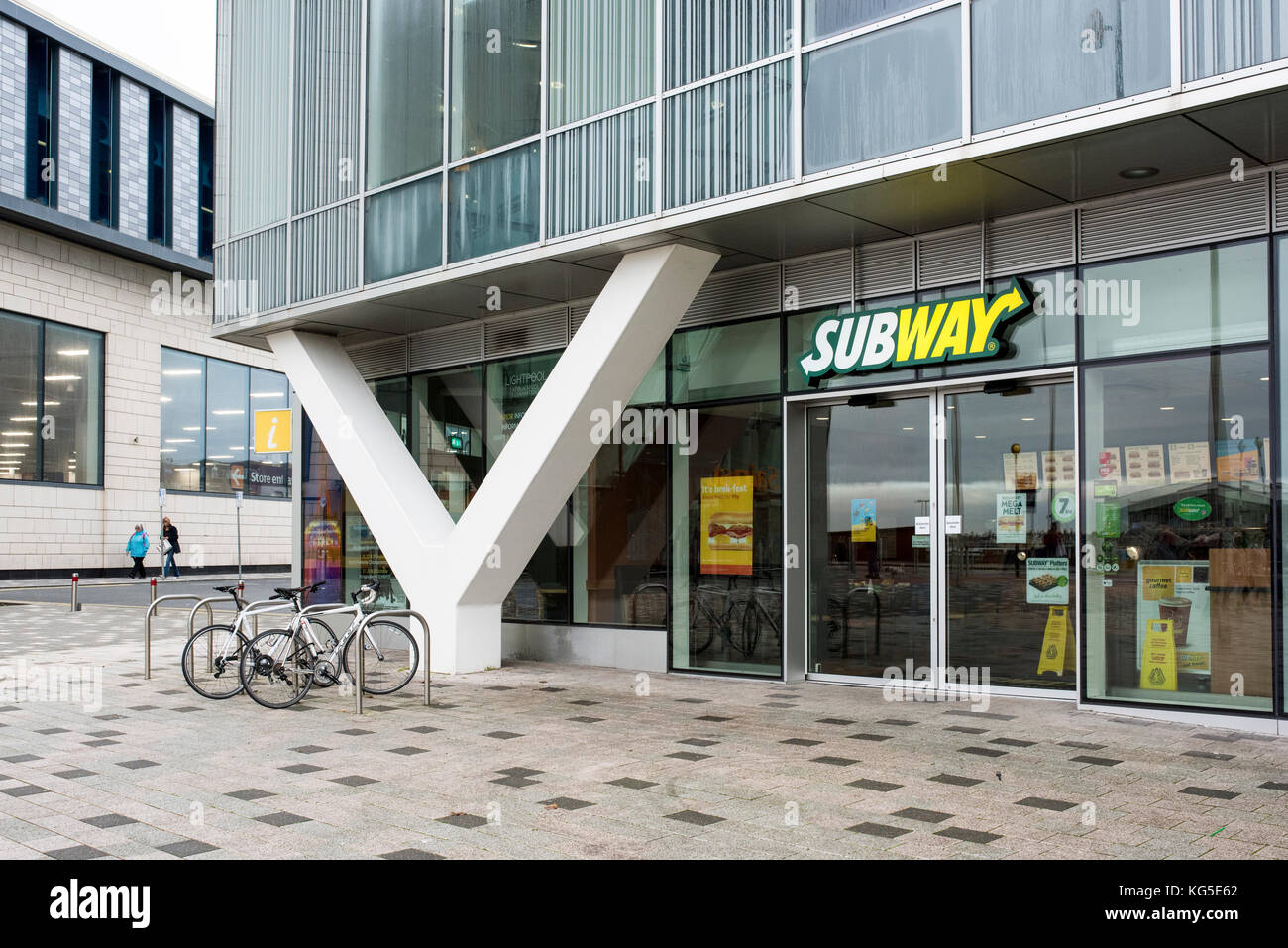 Exterior of a branch of Subway at the bottom of an office block in Blackpool, Lancashire, UK Stock Photo