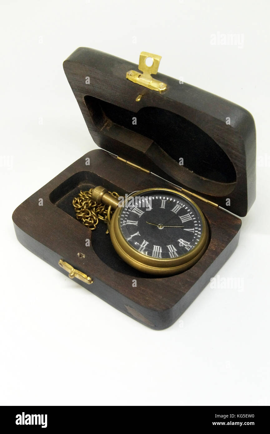 Antique old wrist watch in wood box.Isolated on white background Stock ...