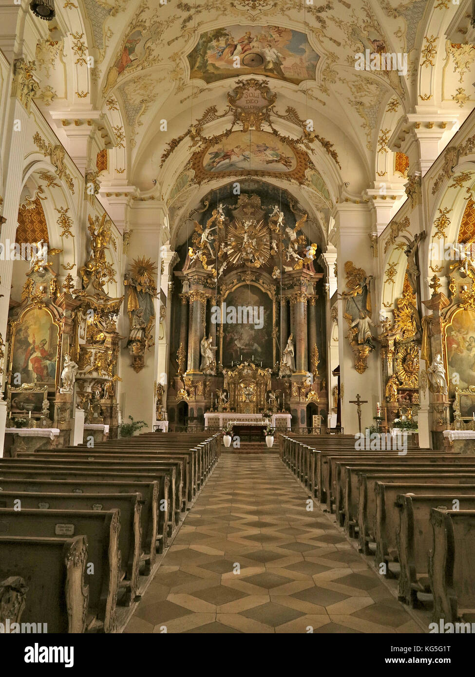 Germany, Bavaria, Dietramszell, 'Kloster Mariä Himmelfahrt' (abbey), interior view, baroque, stucco, altarpiece and ceiling fresco from Johann Baptist Zimmermann, Stock Photo