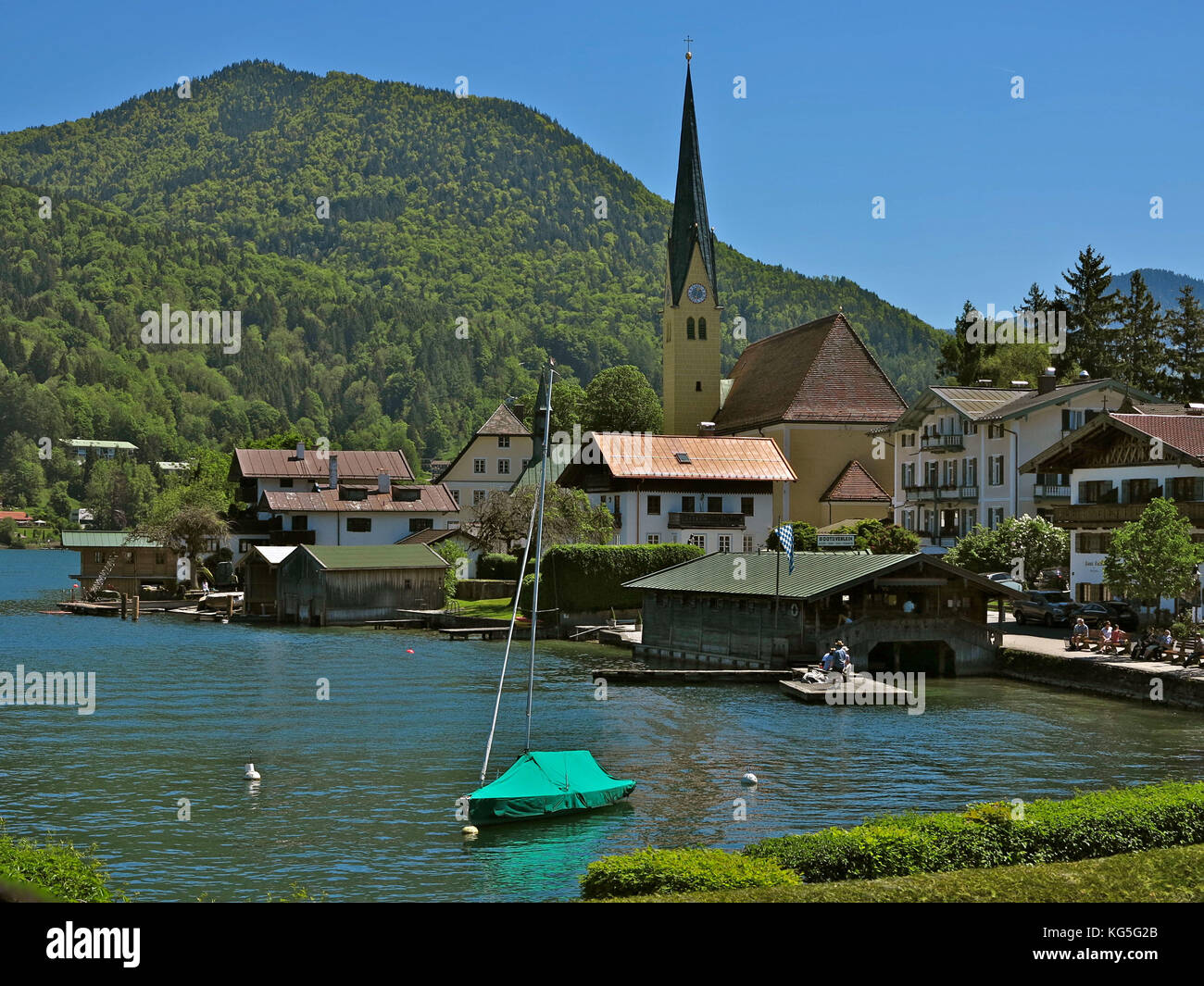 Germany, Bavaria, Tegernsee, Rottach-Egern, St. Laurentius church, lake, boat, Stock Photo