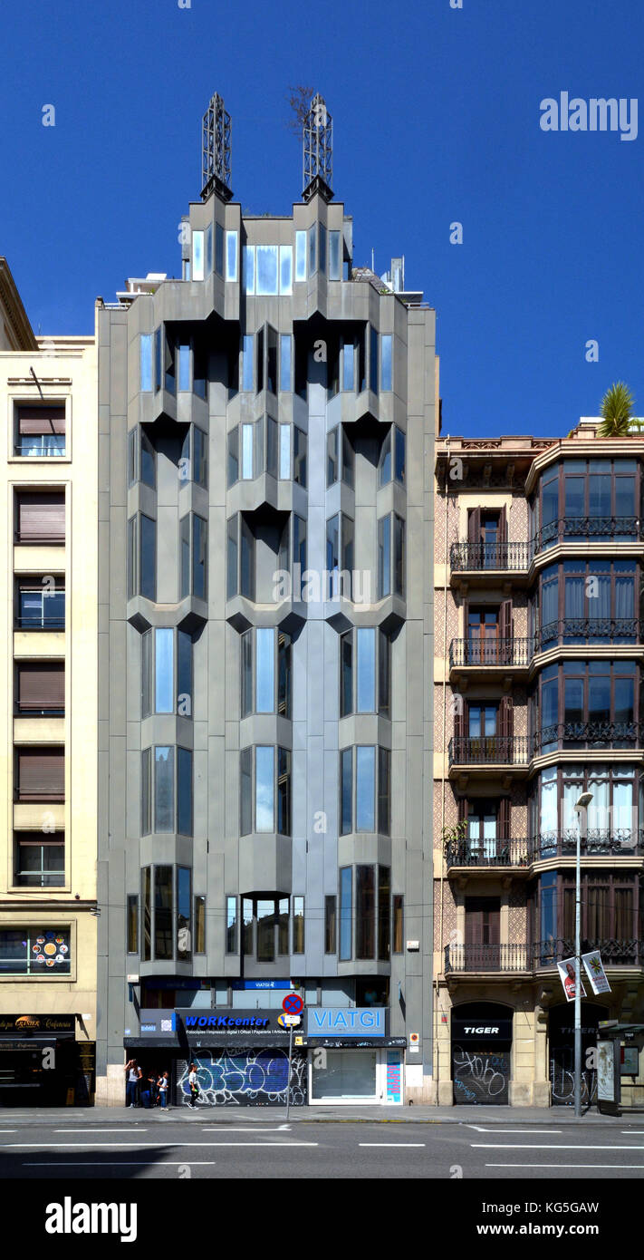 Barcelona, Catalonia, Spain. Modern buildings architecture at the Ronda de la Universitat in the district of Eixample in the Catalan capital. Stock Photo