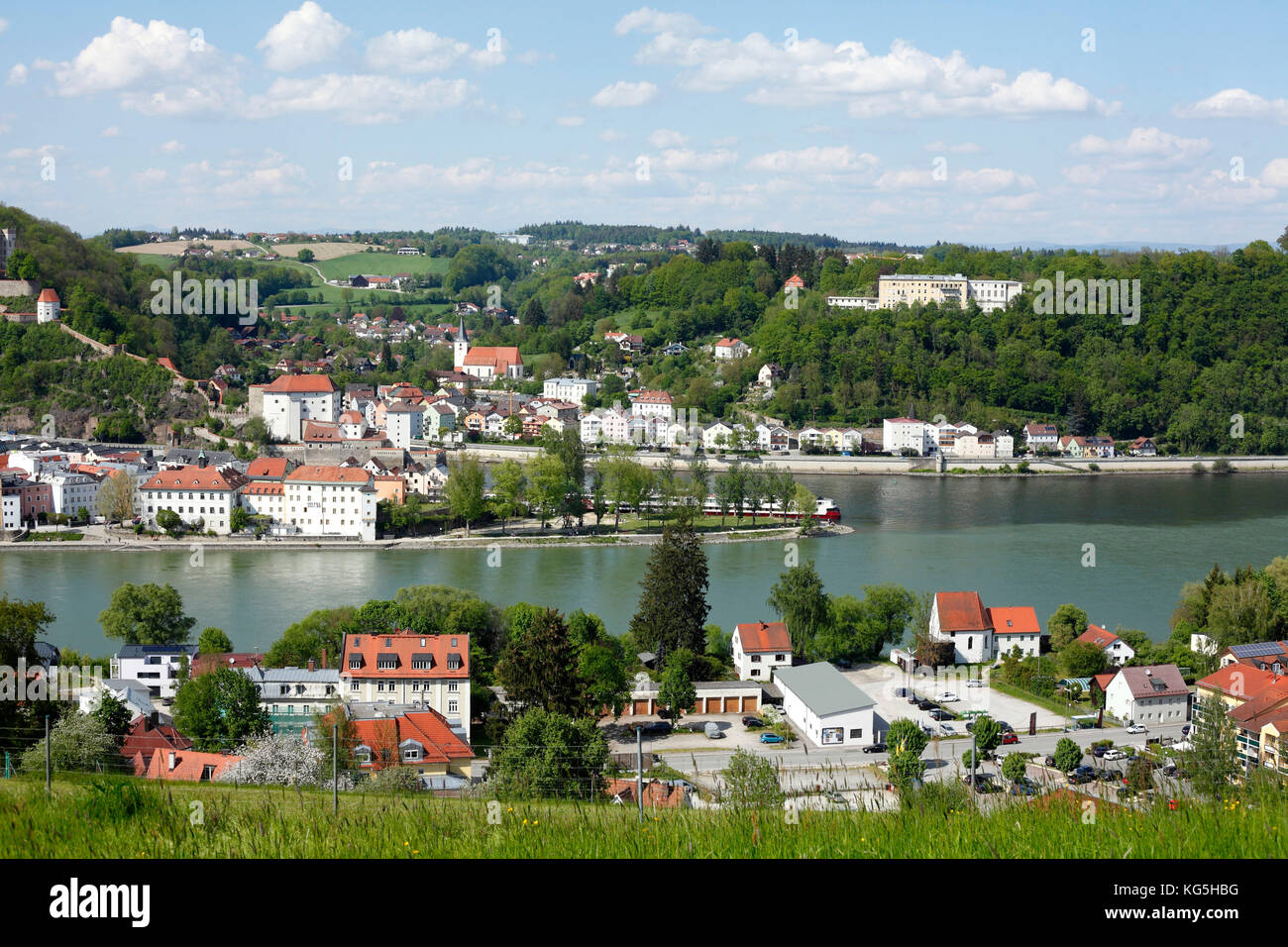 View to Drei-Flüsse-Eck, Old Town, Passau, Lower Bavaria, Bavaria, Germany, Europe, Stock Photo