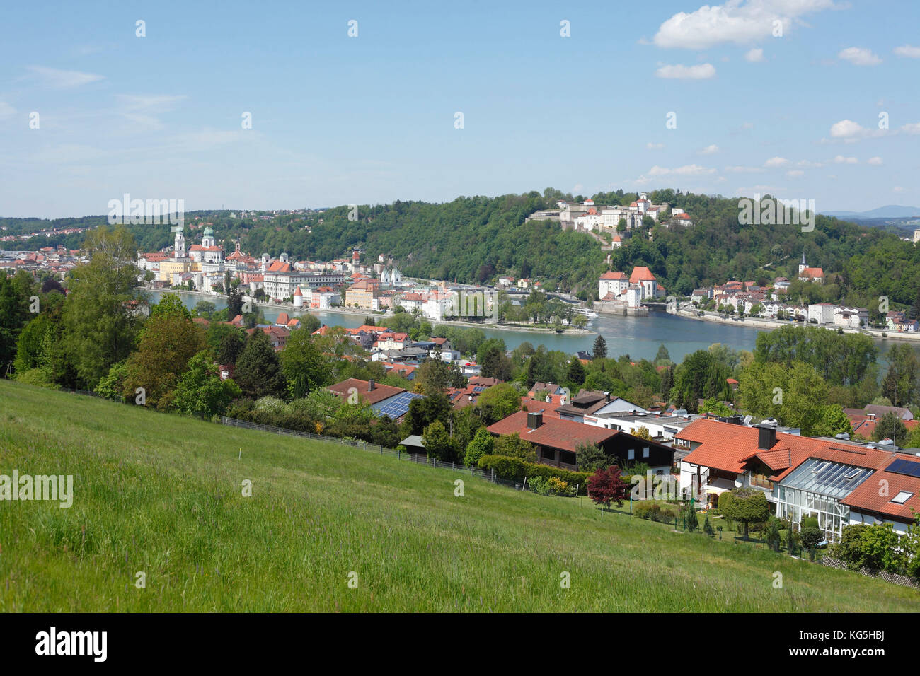 View to Drei-Flüsse-Eck, Old Town, meadow and residential houses, Passau, Lower Bavaria, Bavaria, Germany, Europe, Stock Photo