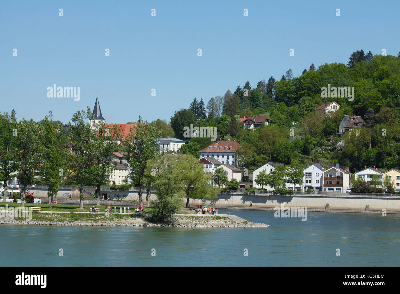 Drei-Flüsse-Eck, confluence of Danube, Inn and Ilz, Old Town, Passau, Lower Bavaria, Bavaria, Germany, Europe, Stock Photo