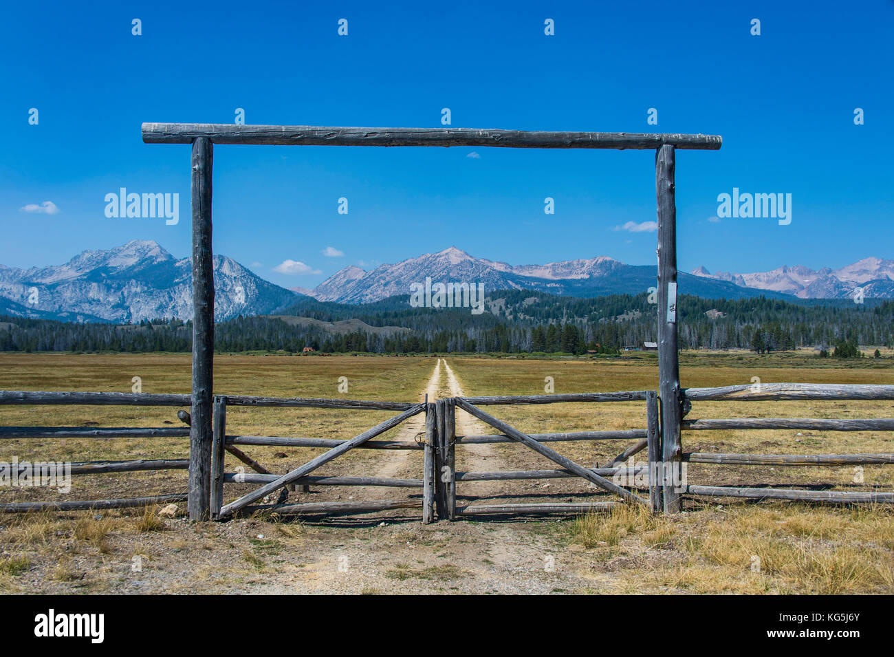 Gate to a ranch in a valley north of Sun valley, Sawtooth National Forest, Idaho, USA Stock Photo
