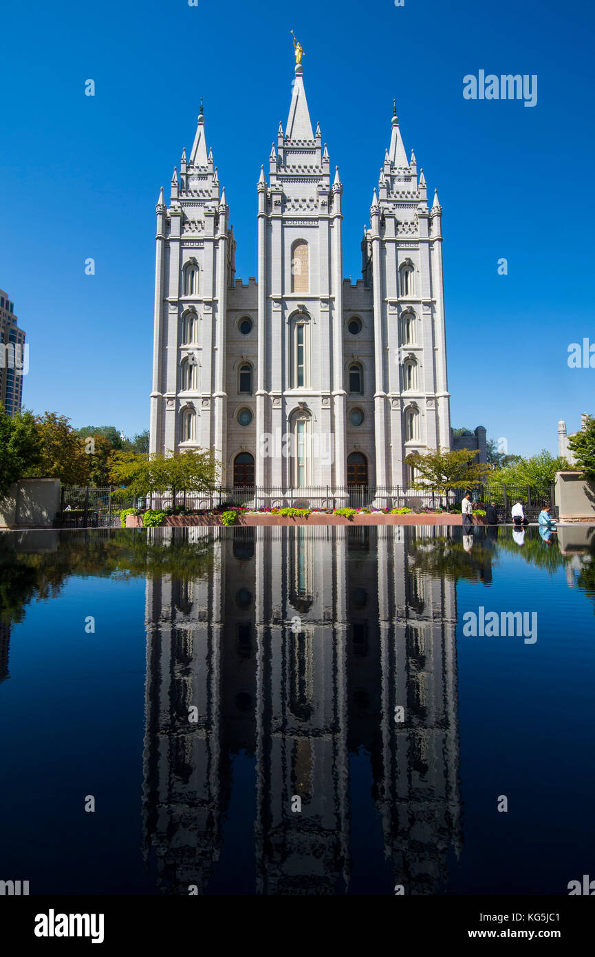 Mormon salt lake temple reflecting in a little pond, Salt Lake City