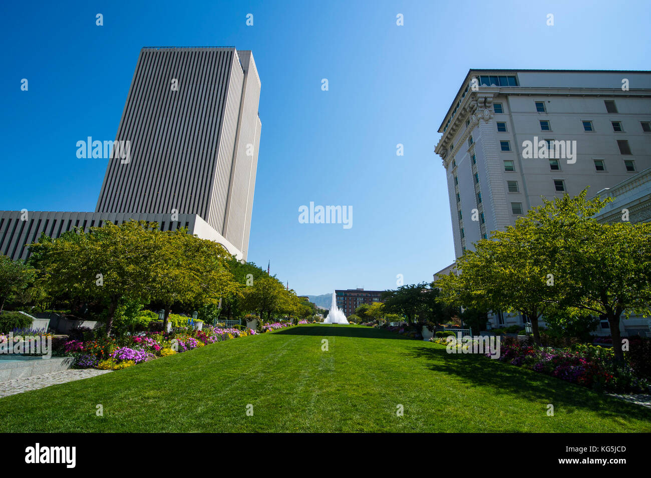 Park between the mormon church office buildings in Salt Lake City, Utah, USA Stock Photo