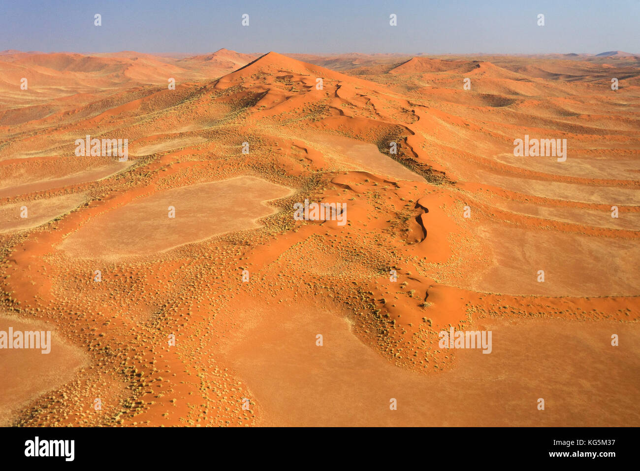 Aerial view of the sand dunes and typical plants in the dry landscape of Namib Desert Namibia Southern Africa Stock Photo