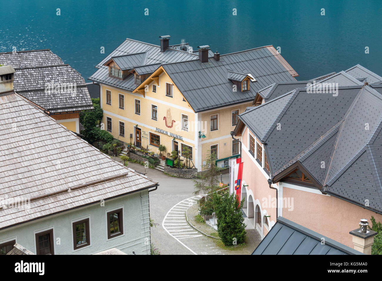Roofs and buildings of the austrian village of Hallstatt, Salzkammergut Region, Upper Austria, Austria Stock Photo