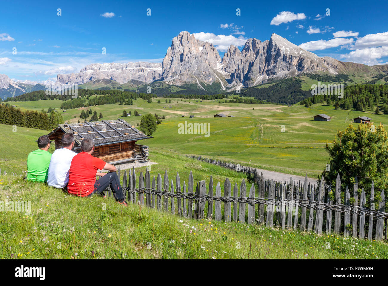 Europe, Italy, South Tyrol, Bolzano, Dolomites, Three hikers seated to admire the landscape on the mountain of siusi, with colorful t-shirts like the colors of the Italian flag Stock Photo