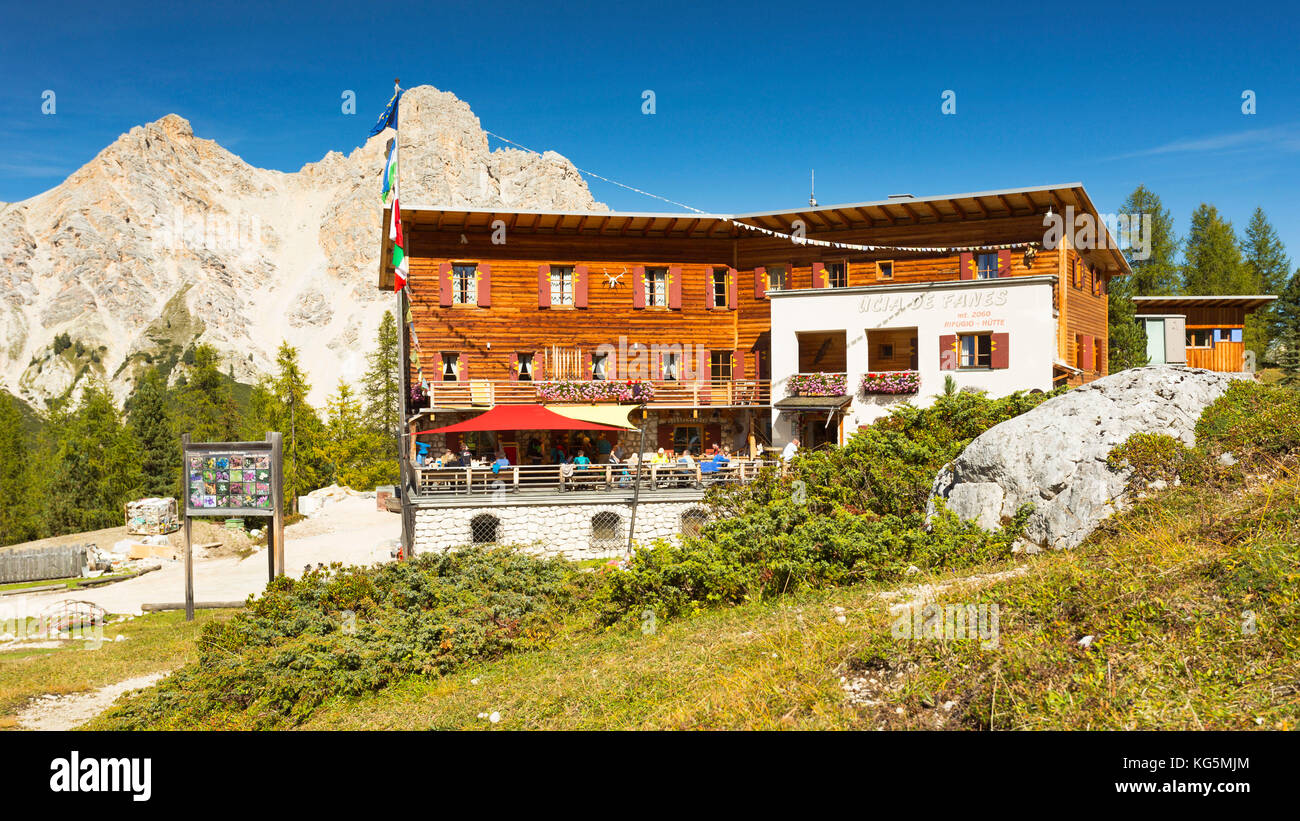 a view of the Fanes Hut in a sunny summer day, Bolzano province, South Tyrol, Trentino Alto Adige, Italy Stock Photo
