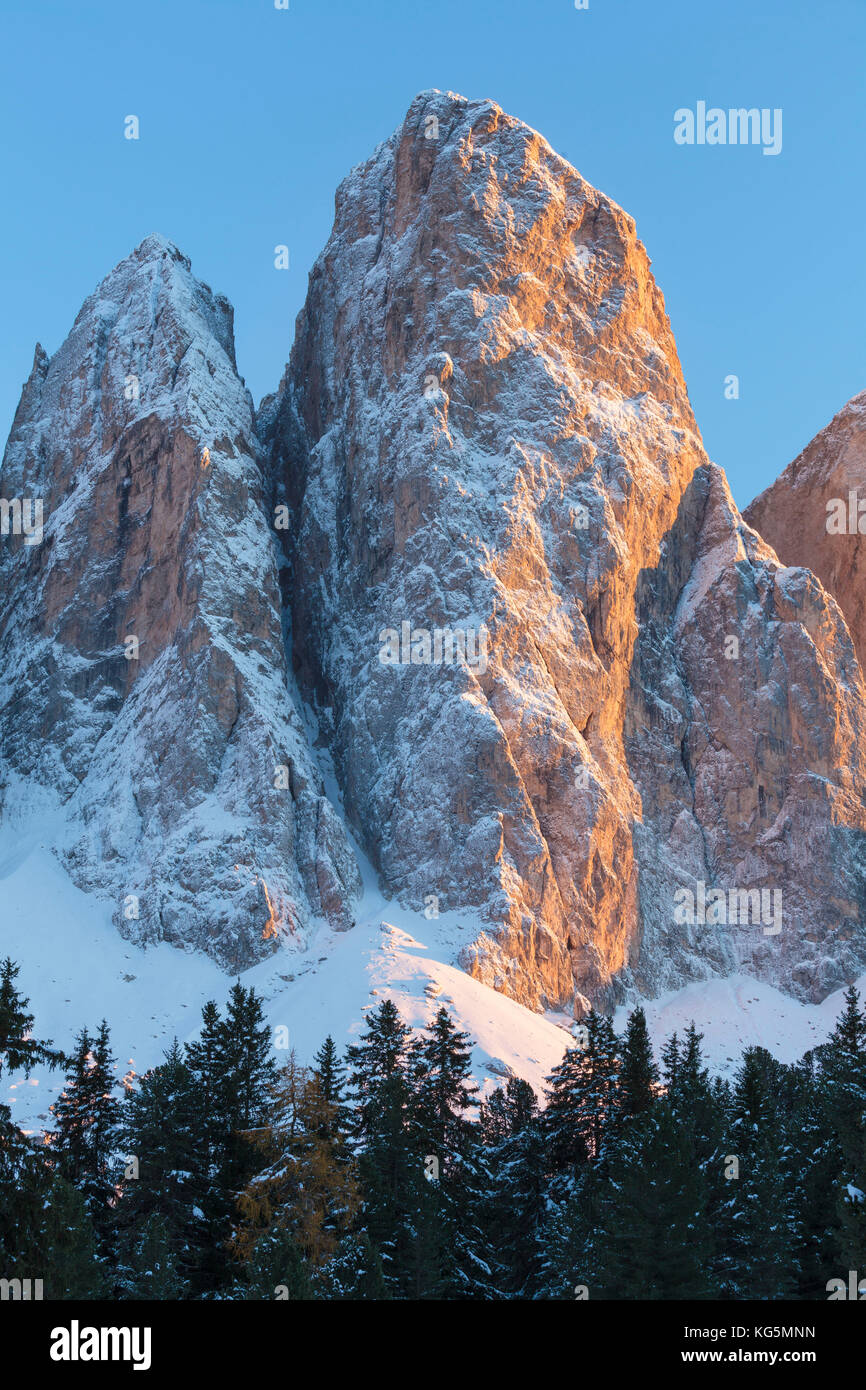 Europe, Italy, South Tyrol, Bolzano, detail on Odle (Geisler Spitzen) in Val di Funes, Dolomites Stock Photo