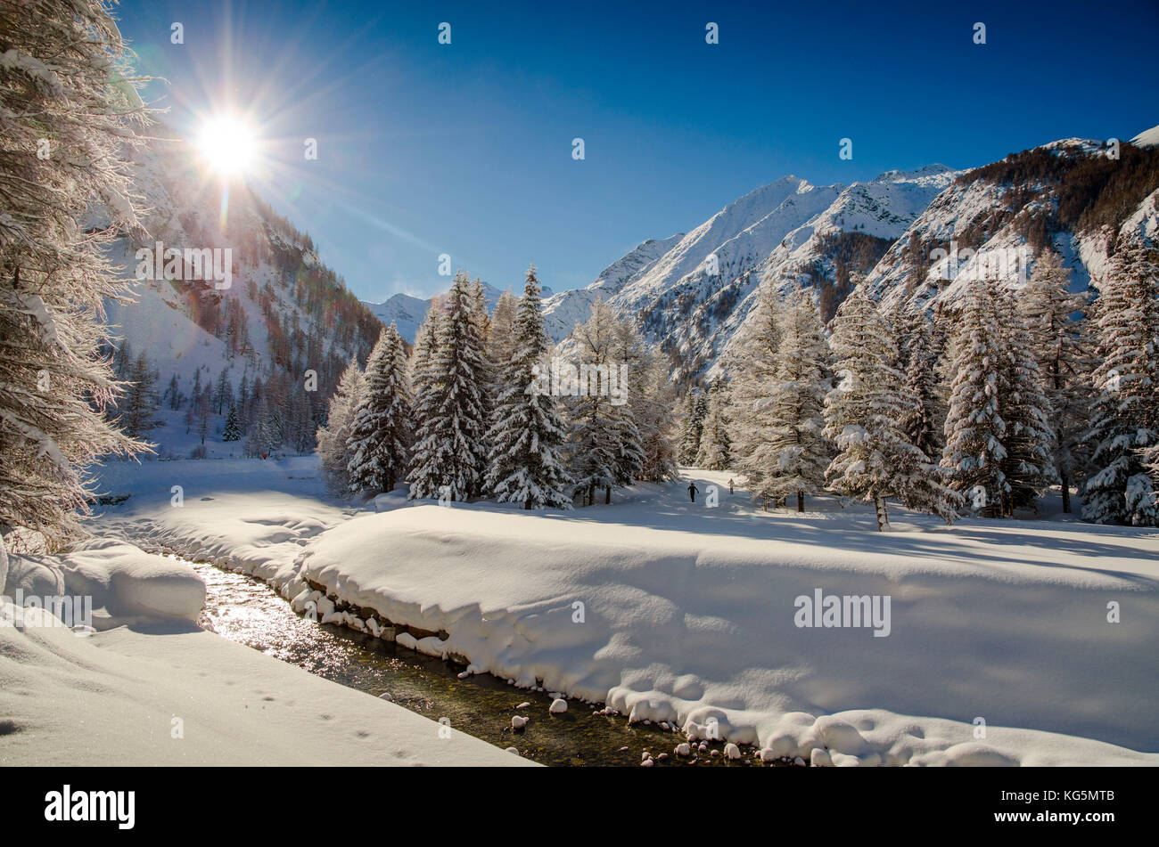 Valnontey in wintertime, Cogne valley, Gran Paradiso National Park, Aosta Valley, Italy, Italian alps Stock Photo