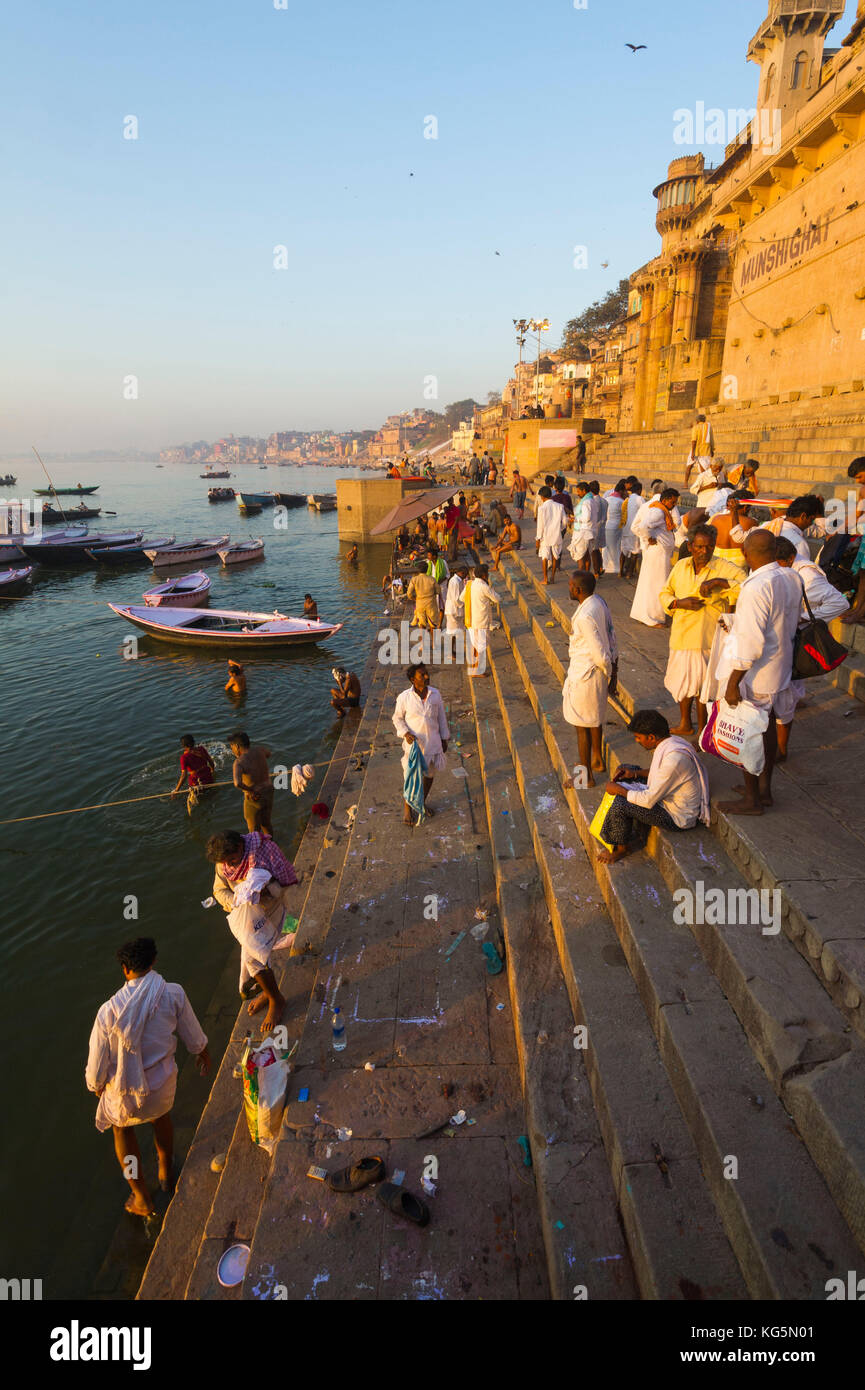 Varanasi, Uttar Pradesh, India, Asia. Morning scene on the ghats Stock Photo