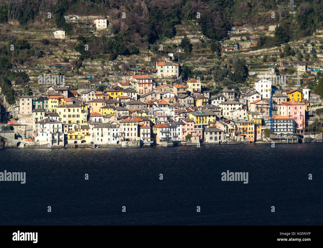 The town of Brienno, view from the opposite shore of the lake como district, lombardy, Italy, europe Stock Photo