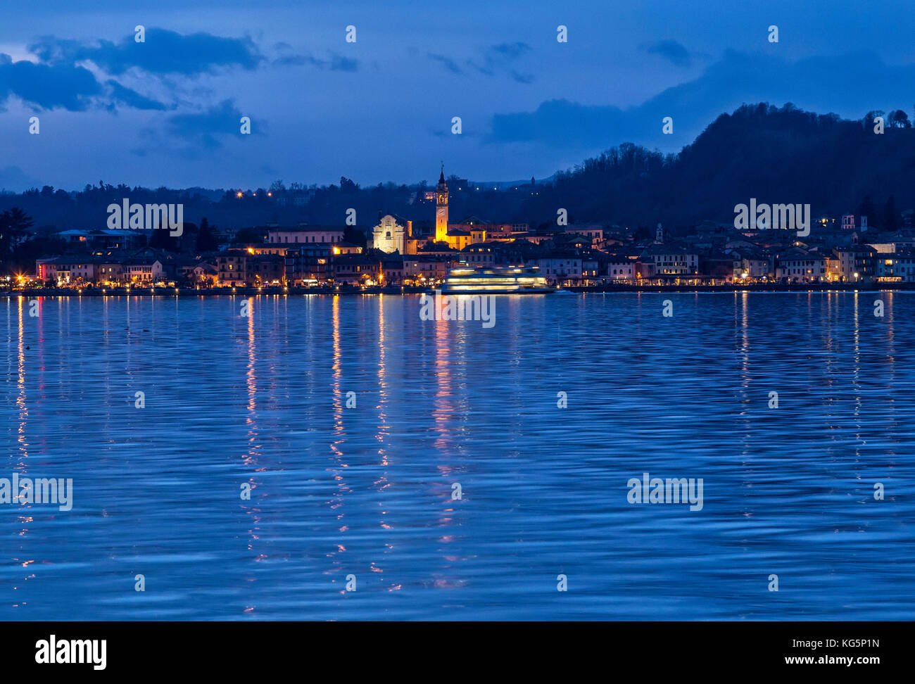 Night view of Laveno Mombello from the shore of Verbania, Maggiore Lake, Piedmont, Lombardy, Italy, Europe, verbano, Stock Photo