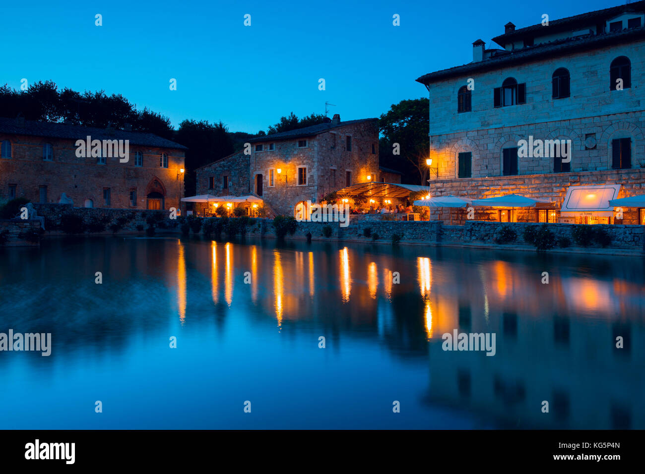 Europe, Italy, Tuscany, Siena district. Bagno Vignoni at dusk Stock Photo