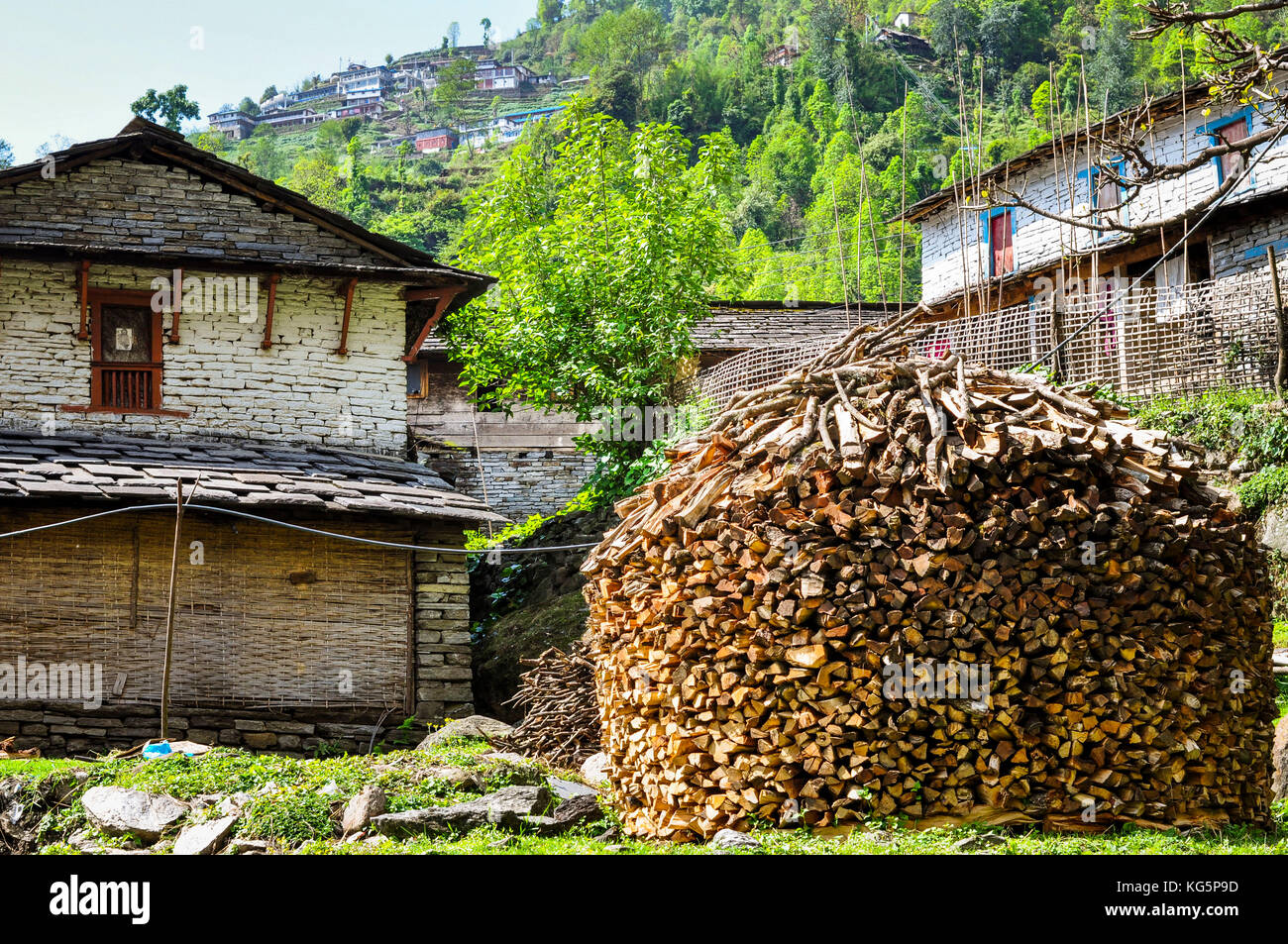 A typical house with a wooden stack at Chomrong, Annapurna region, Nepal, Asia Stock Photo