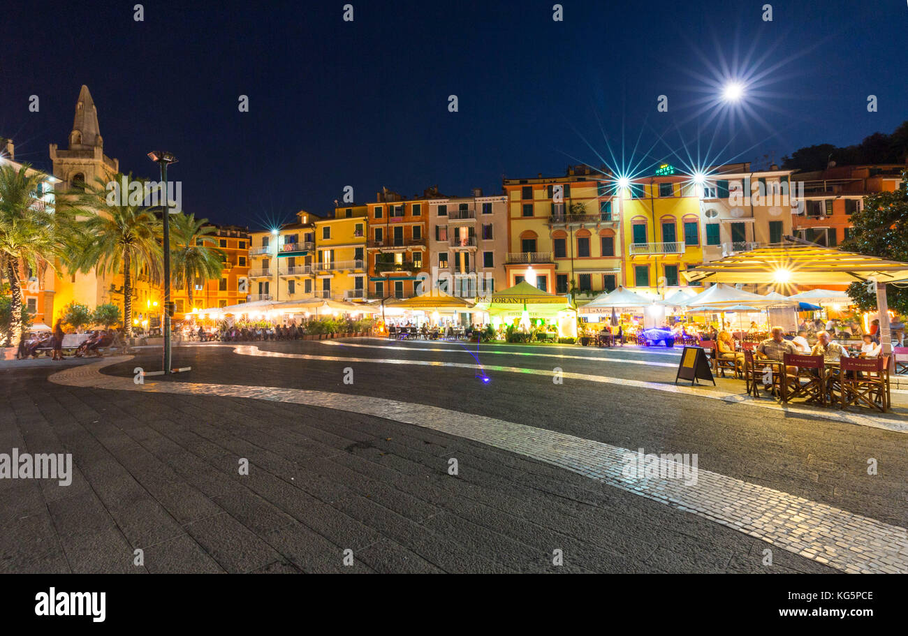 View by night of Lerici village, with shops and restaurants, La Spezia district, Liguria, Italy Stock Photo