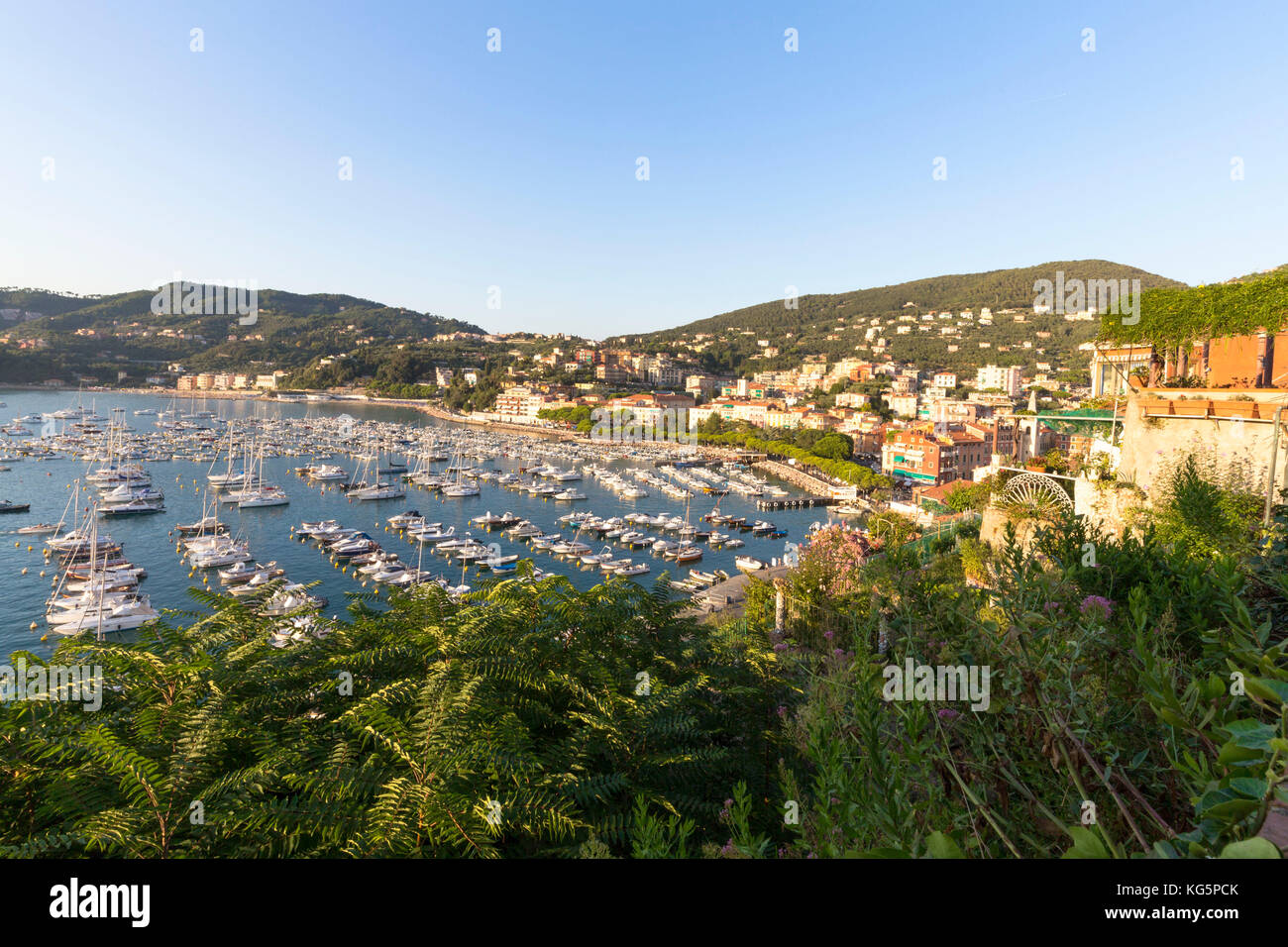 Panoramic of Lerici taken from the Castle with the sea port and his boats. La Spezia District, Liguria, Italy Stock Photo