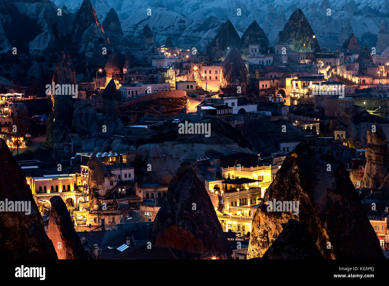 Night lights of Goreme, Goreme, Cappadocia, Turkey Stock Photo