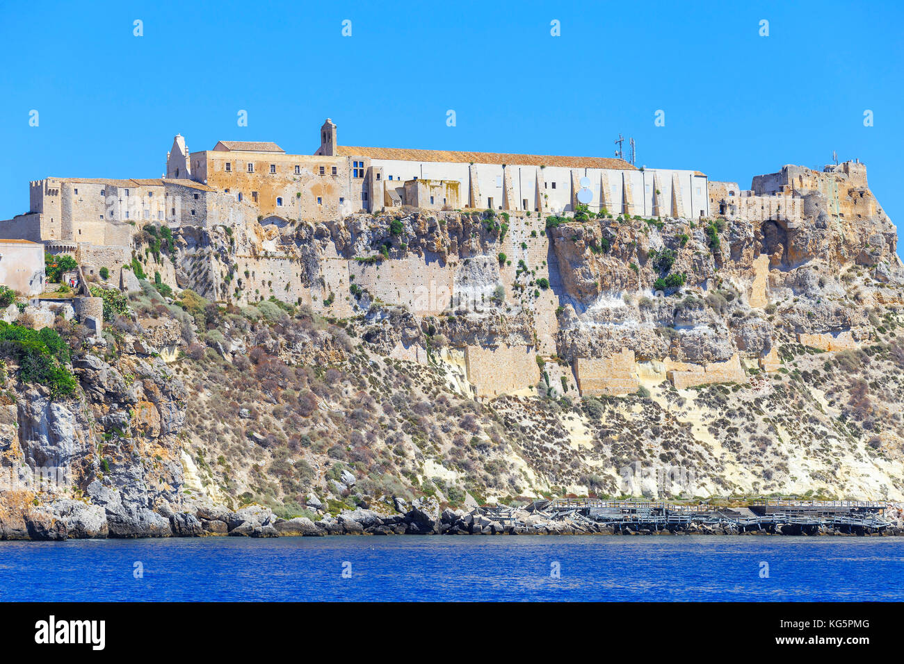 Italy, Puglia/Apulia, Tremiti Islands, San Nicola Island, Abbey of Santa Maria from the sea. Stock Photo