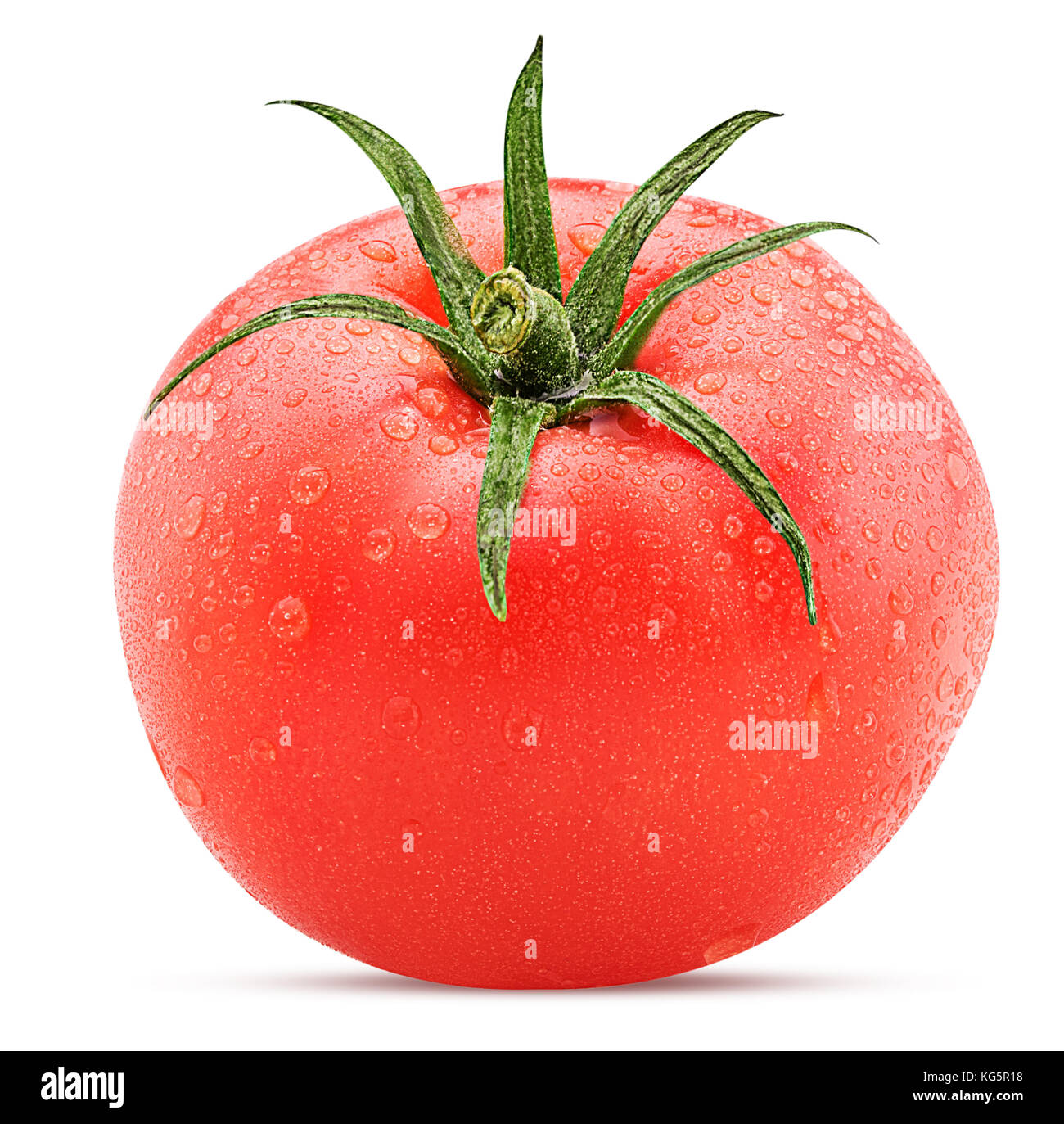 Fresh red tomato with green leaves with water drops isolated on white ...
