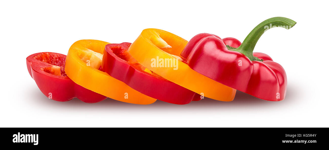 Slices red and yellow bell peppers isolated on white background ...