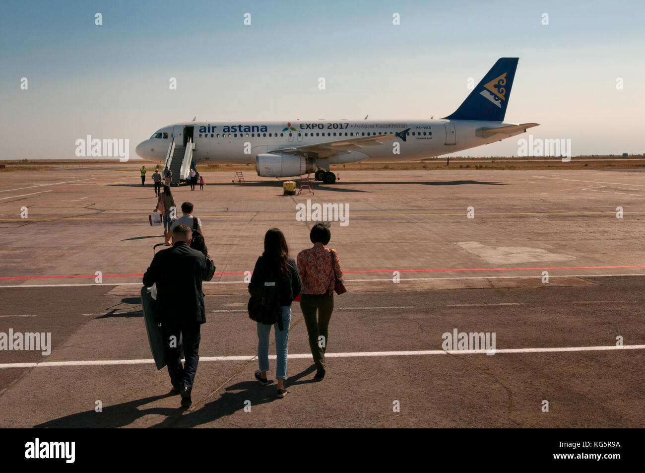 Passengers ready for boarding on a Air Astana flight in Uralsk (Kazakhstan) Stock Photo