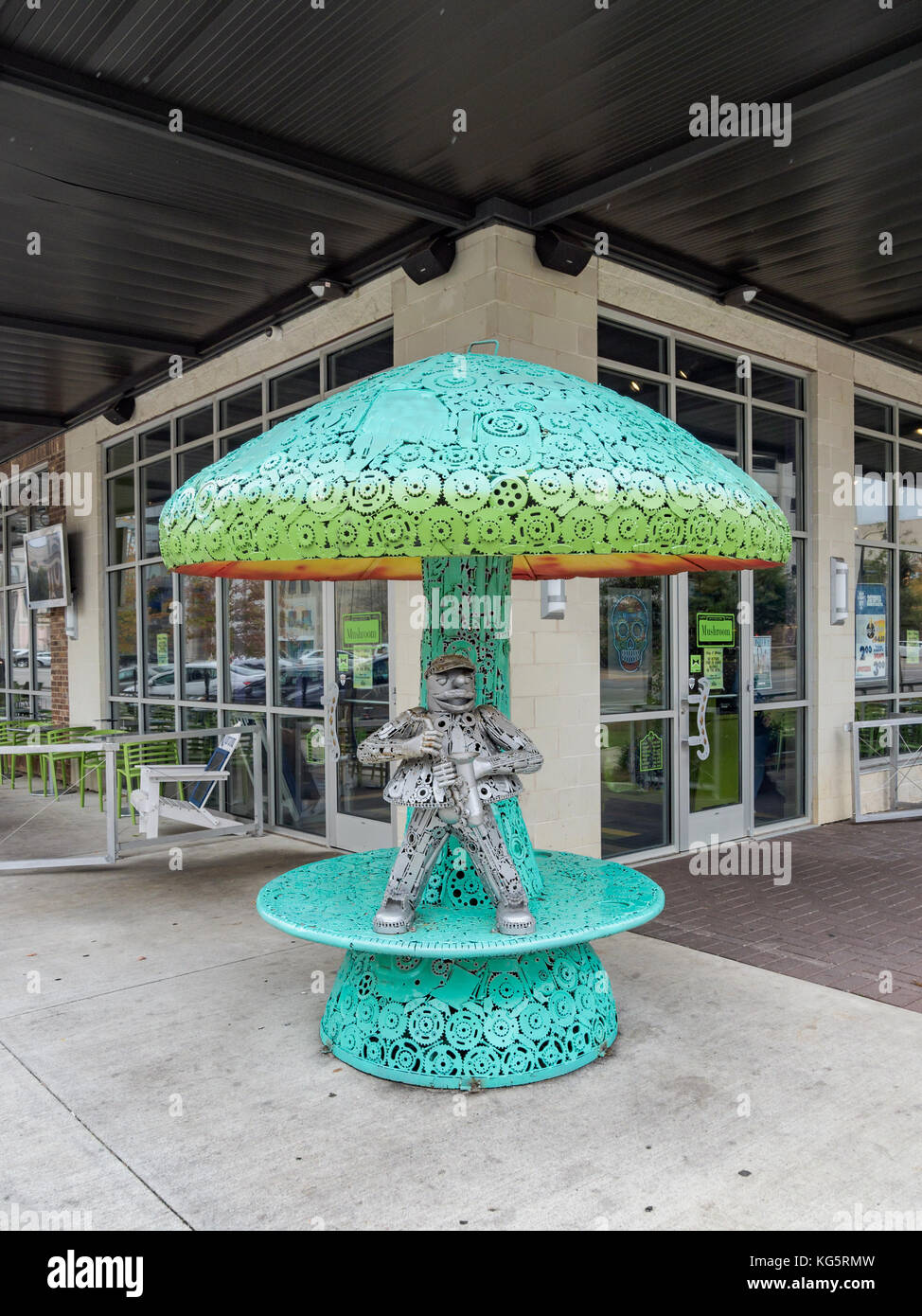 Metal sculpture at the entrance to the Mellow Mushroom Pizza restaurant in downtown Montgomery, Alabama USA. Stock Photo