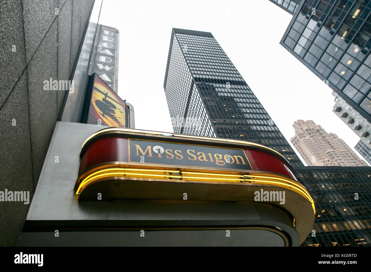 Side view of Broadway theater marquee advertising Miss Saigon musical. Stock Photo