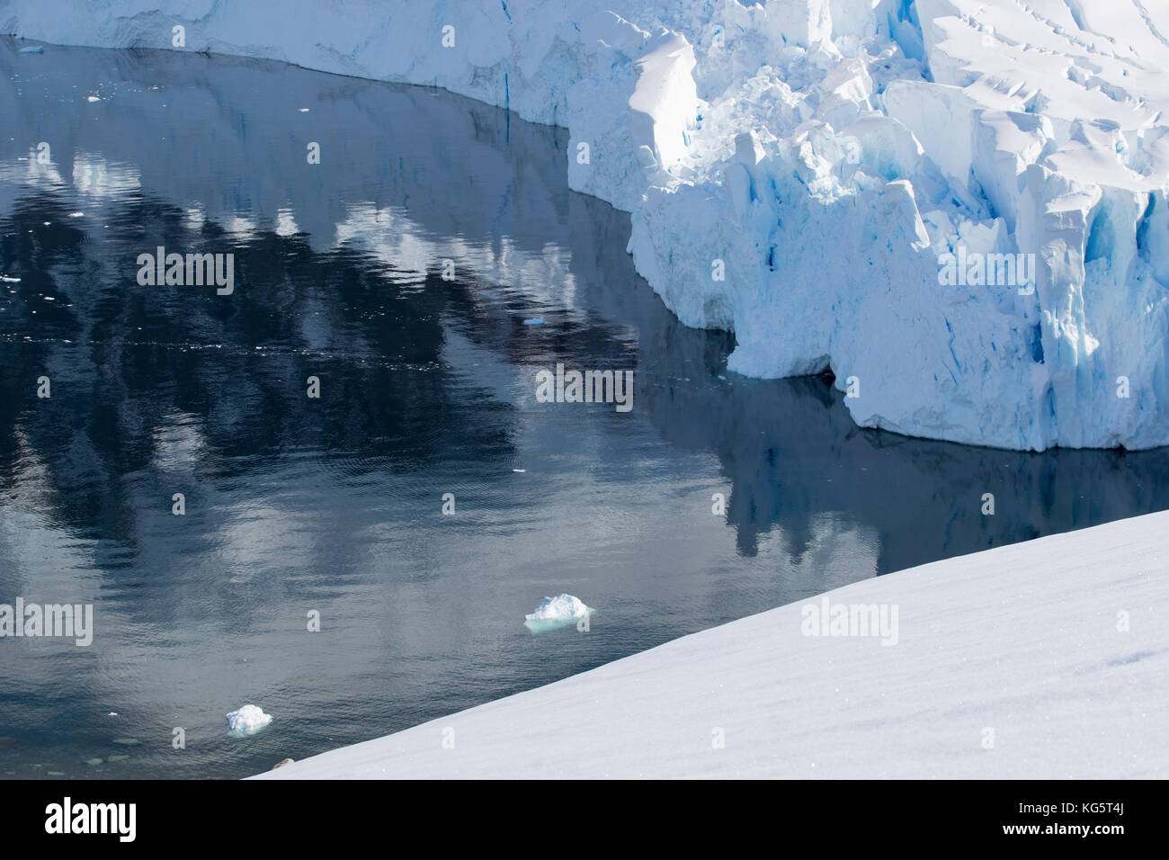Glacier and water reflections, Antarctic Peninsular Stock Photo