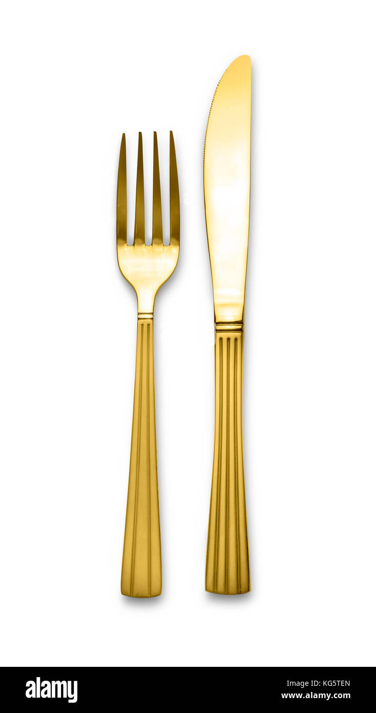 golden Knife and fork isolated on white background with clipping path
