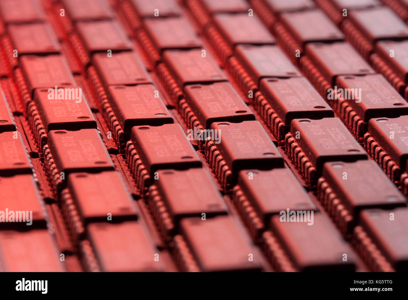 computer mainboard - dual inline modules, surface mounted devices with green, red, blue light - macro shot Stock Photo