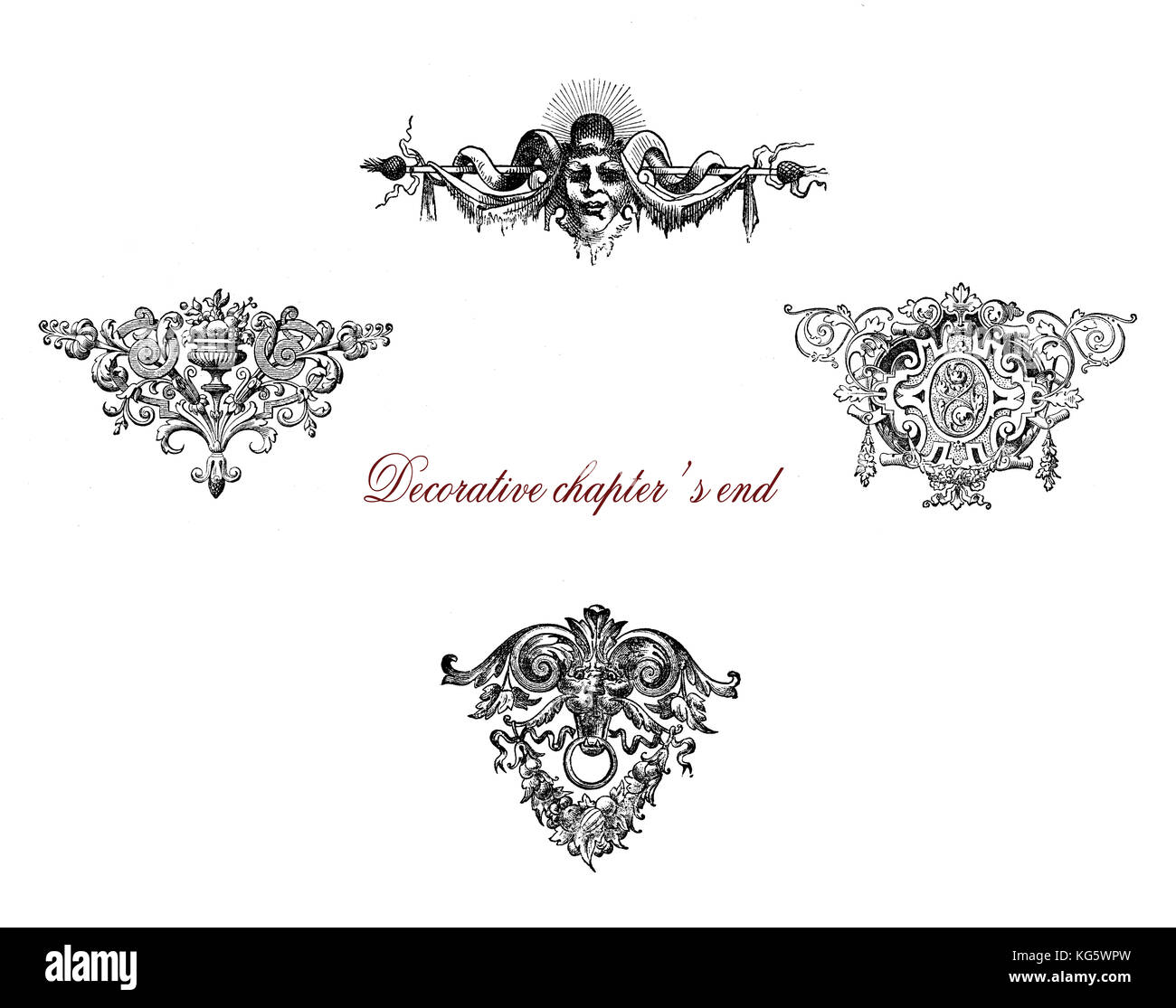Richly decorated baroque typographic chapter's ends, mythological figure and floreal motives Stock Photo