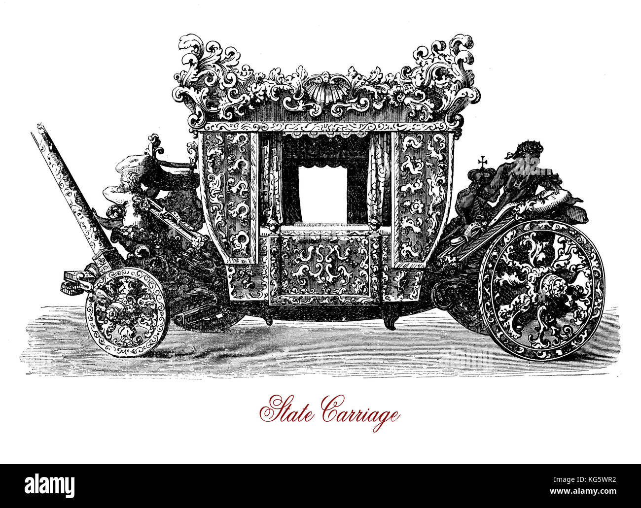 Vintage engraving of State carriage, coach owned by a state for royal use, often seen for state visits, royal weddings and other high ceremonial events Stock Photo