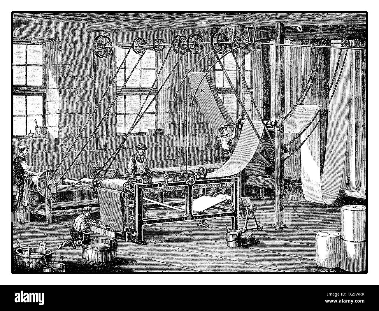 Textile finishing machine, with coating or dye, XIX century industrial factory Stock Photo